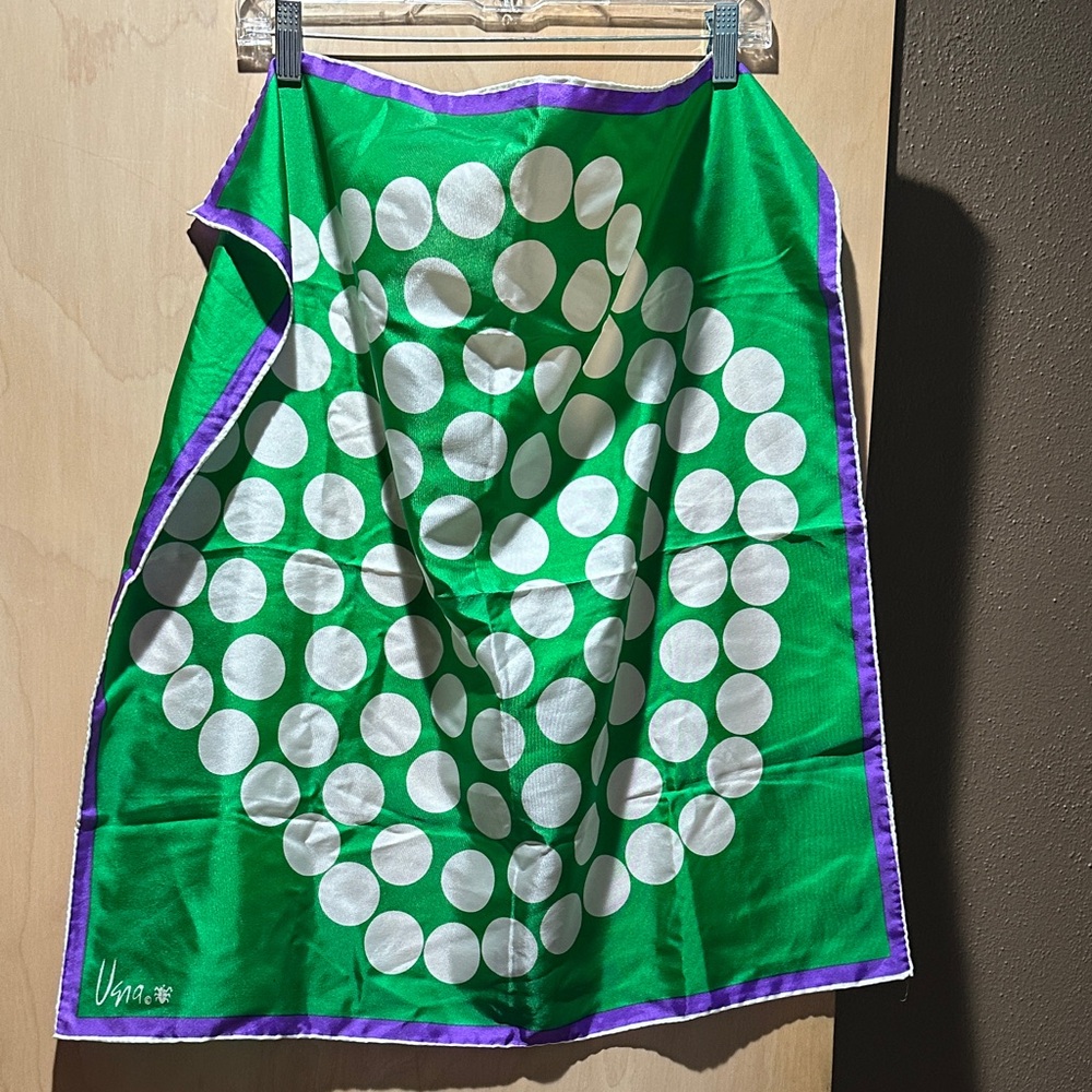 Green Polka Dot Silk Scarf with Purple Trim